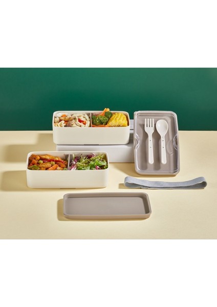 Lunch Box 2 Katlı Krem Çatal Kaşıklı Saklama Kabı 1003 Beslenme Kutusu Bölmeli Yemek Kutusu fiyatları