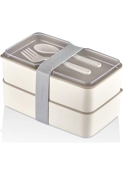 Lunch Box 2 Katlı Krem Çatal Kaşıklı Saklama Kabı 1003 Beslenme Kutusu Bölmeli Yemek Kutusu modelleri
