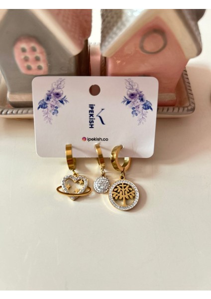 3’lü Gold Halka Küpe Seti – Çelik, Kalp-Yıldız, Hayat Ağacı ve Işıltılı Sallantı Figürlü fiyatları
