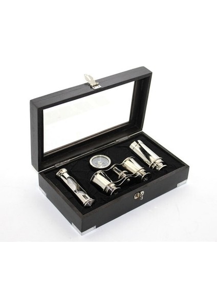 Ahşap Kutulu Pirinç Dürbün Pusula ve Kum Saati Seti