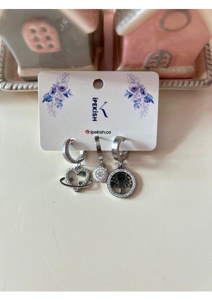 3’lü Silver Halka Küpe Seti – Paslanmaz Çelik, Kalp-Yıldız, Hayat Ağacı ve Taşlı Sallantılı Figürlü fırsatları