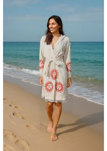 Güneş Desenli Baskılı Pamuklu Müslin Kapüşonlu Kimono Bornoz Kaftan Sabahlık