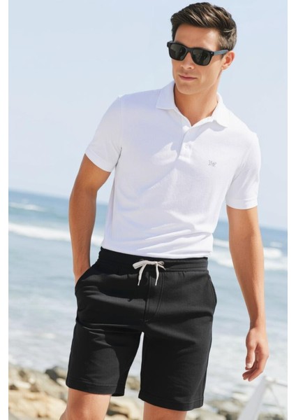 Pamuklu Erkek Siyah Casual Şort 2 Iplik Yan Cepli Bağcıklı Regular Fit Normal Kalıp Boru Paça Günlük Bermuda