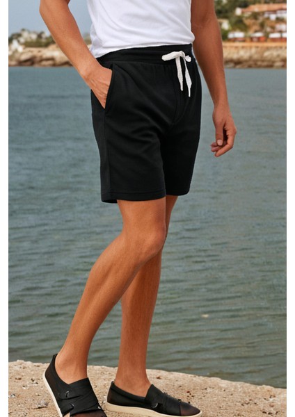 Pamuklu Erkek Siyah Casual Şort 2 Iplik Yan Cepli Bağcıklı Regular Fit Normal Kalıp Boru Paça Günlük Bermuda