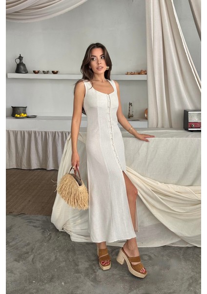 Keten Kolsuz Kare Yaka Düğme Detaylı Elbise - Beyaz modelleri