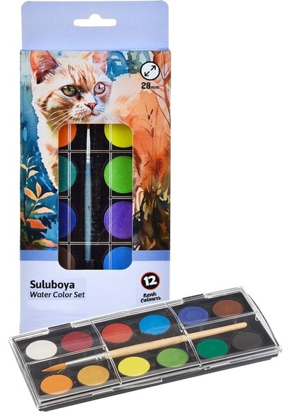12 Renk Sulu Boya 1 Paket Fırça Hediyeli 12 Li Suluboya Canlı Renkler 28 mm Boya Çapı Büyük Boy Nova