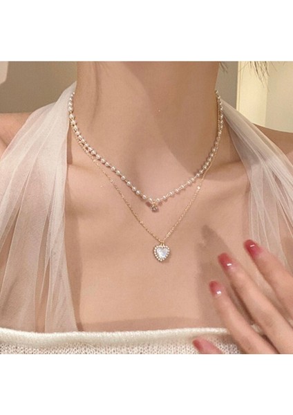 Heart Ikili Incili Kalpli Altın Renk Düğün Nişan Gelin Sevgililer Günü Özel Hediye Gerdanlık Kolye