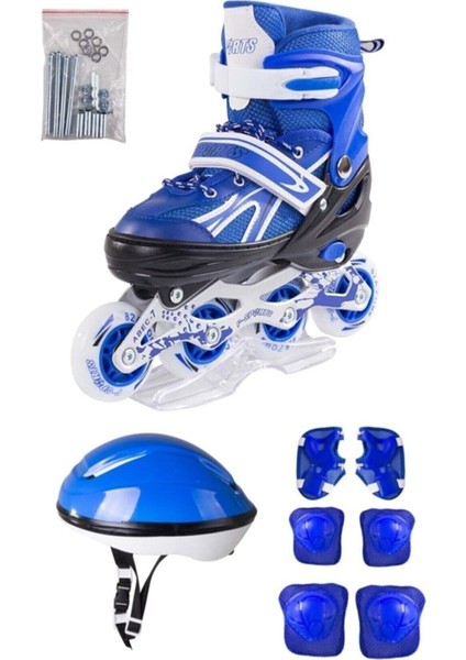 Mavi Ayarlanabilir 2+2 Işıklı Metal Alıştırma Pateni Kask Dizlik Dirseklik Setli