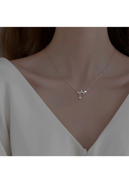 Kalp Ritmi Kalp Atışı Figürlü Zirkon Taşlı Rodyum Kaplı Şık Tasarım Kolye modelleri