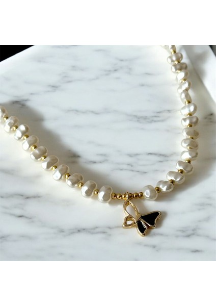 Siyah Kelebek Figürlü Inci Kolye - Şık Abiye Düğün Nişan Özel Gün Hediye Kolye (5)