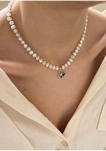 Siyah Kelebek Figürlü Inci Kolye - Şık Abiye Düğün Nişan Özel Gün Hediye Kolye (5) fiyatları