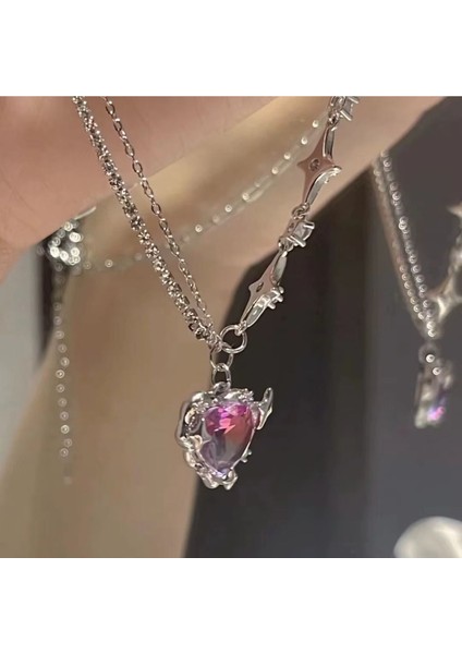 Helena Pembe Kalpli Taşlı Kristal Taş Zincirli Yıldız Tılsımlı Ikili Şık Özel Gün Hediye Kolye (13)
