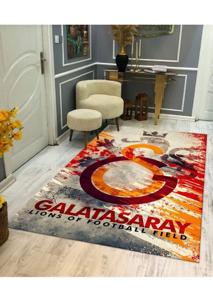 Galatasaray ~ Kaymaz Taban Yıkanabilir Dijital Baskı Dekoratif Modern Desenli Lazer Kesim Dot Taban Halı