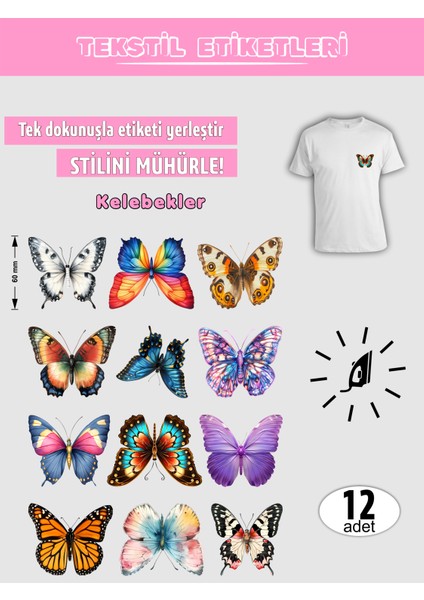Ütü ile Yapışan Kıyafet Etiketi Kelebekler Serisi 12LI Set