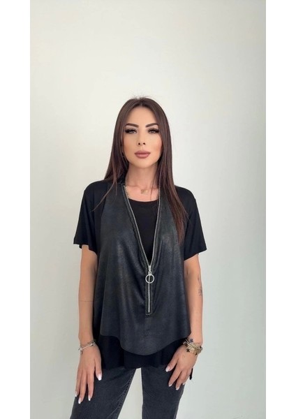 Kadın Kısa Kollu Yuvarlak Yaka Viskon Bluz + Kolsuz Fermuarlı Çatlak Deri Yelek fiyatları