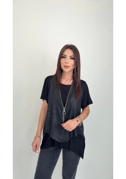 Kadın Kısa Kollu Yuvarlak Yaka Viskon Bluz + Kolsuz Fermuarlı Çatlak Deri Yelek modelleri