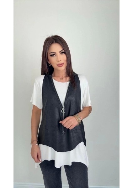 Kadın Kısa Kollu Yuvarlak Yaka Viskon Bluz + Kolsuz Fermuarlı Çatlak Deri Yelek