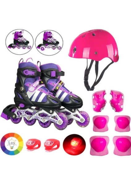 Mor Işıklı Teker Ayarlanabilir Çocuk Alıştırma Paten 2 Fonksiyon Çakarlı Kask Dizlik Set