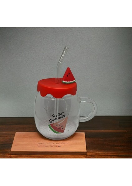 Karpuz Tasarımlı Cam Kupa Bardak 450ML Silikon Kapaklı, Cam Pipetli, Karpuz Figürlü Barda Su Bardağı