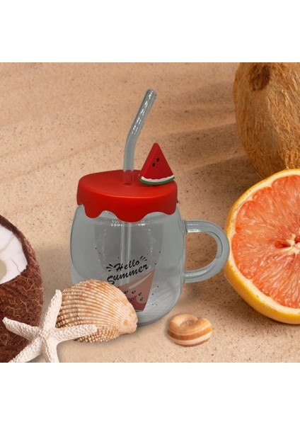 Karpuz Tasarımlı Cam Kupa Bardak 450ML Silikon Kapaklı, Cam Pipetli, Karpuz Figürlü Barda Su Bardağı