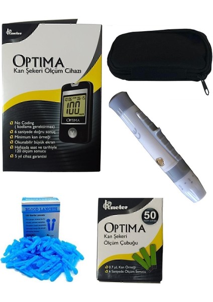 Kan Şeker Ölçüm Çubuğu + Delme Kalemi + Taşıma Çantası + 1 Kutu Lanset + 1 Kutu Ölçüm Çubuğu