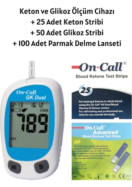 Keton ve şeker ölçüm seti, 25 keton ve 50 şeker şeridi ile sağlıklı takip sağlar
