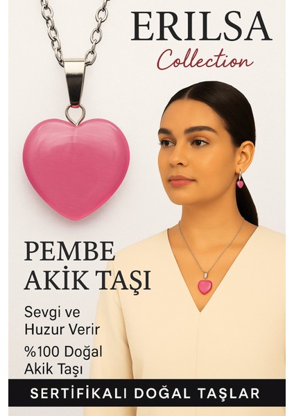 Sertifikalı Kalp Model Pembe Akik Taşı Kolye – Şefkat, Öz Sevgi ve Ruhsal Denge Taşı
