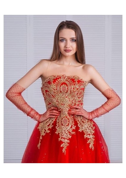 Uzun Boy Kırmızı Puantiyeli Kırmızı Renk Yetişkin Tül Eldiven fiyatları