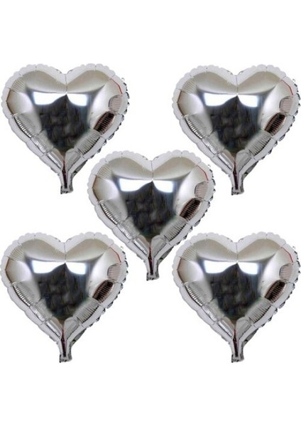 Kalp Şeklinde Folyo Balon 5 Adet 45 cm Gümüş Renk