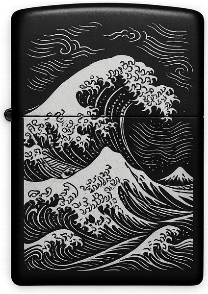 Dalgalar ve Rüzgar Desenli Kişiye Özel Isimli Siyah Benzinli Metal Çakmak