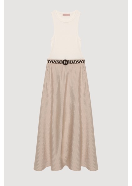Halter Yaka Atlet Matchli Kemerli Elbise Bej