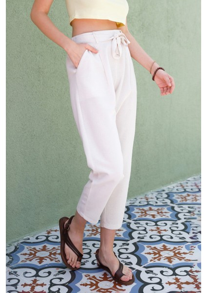 Beli Bağlamalı Straight Keten Pantolon modelleri