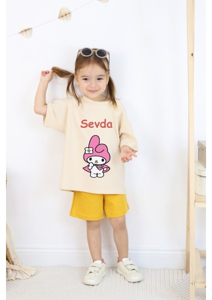 Kuromi+Çocuğunuzun Ismi Baskılı Oversize Yazlık Şortlu Takım