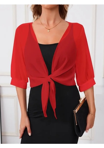 Kadın Fakir Kollu Önden Bağlamalı Kısa Şifon Bolero Ceket