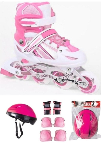 Ayarlanabilir Pembe Alıştırma Paten ve Kask Dizlik Dirseklik Koruyucu Seti Çantalı