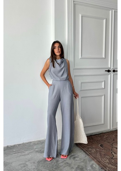 Degaje Yaka Kolsuz Bluz - Pantolon Takım - Gri modelleri