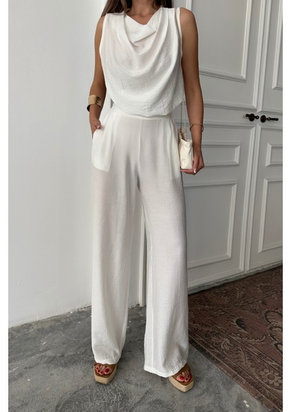 Degaje Yaka Kolsuz Bluz - Pantolon Takım - Beyaz modelleri