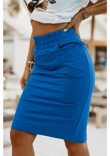 Kadın Iki Iplik Kumaş Beli Lastikli Arkası Yırtmaçlı Mıdı Boy Etek
