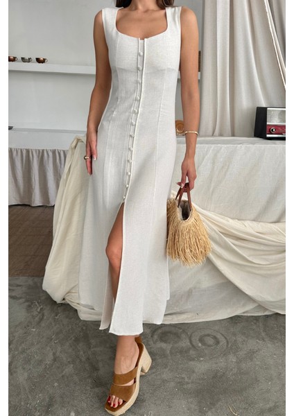 Keten Kolsuz Kare Yaka Düğme Detaylı Elbise - Beyaz fiyatları