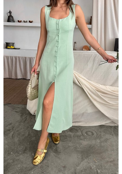 Miracotton Keten Kolsuz Kare Yaka Düğme Detaylı Elbise - Mint fiyatları