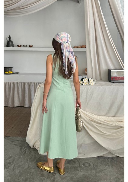 Miracotton Keten Kolsuz Kare Yaka Düğme Detaylı Elbise - Mint fırsatları