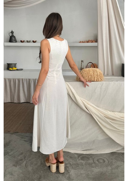 Keten Kolsuz Kare Yaka Düğme Detaylı Elbise - Beyaz fırsatları