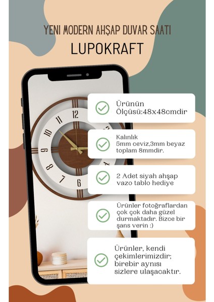 Modern ahşap duvar saati, büyük boy, şık tasarım, ev ve ofis dekoru, 48cm fiyatları