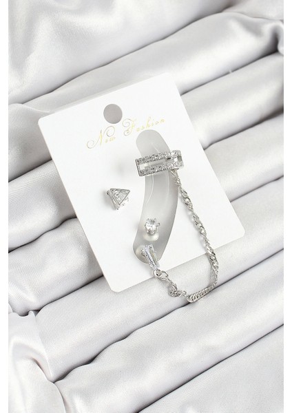 Pirinç Üçgen Figürlü Zirkon Taşlı Gümüş Renk 3'lü Kıkırdak Kadın Küpe Set - TJ-BKP10658