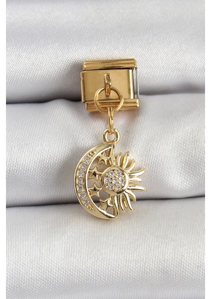 316L Çelik Sallantılı Zirkon Taşlı Ay ve Güneş Model Gold Renk Nomination Charm - TJ-BC1411