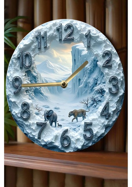 Beyaz Ahşap Yuvarlak Duvar Saati, 3D Görünüm, Doğa Temalı, Kuvars Hareketli, 33x33 cm