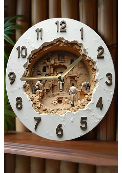 Beyaz Ahşap Yuvarlak Duvar Saati, Kuvars Hareket, Doğa Temalı, 33x33 cm