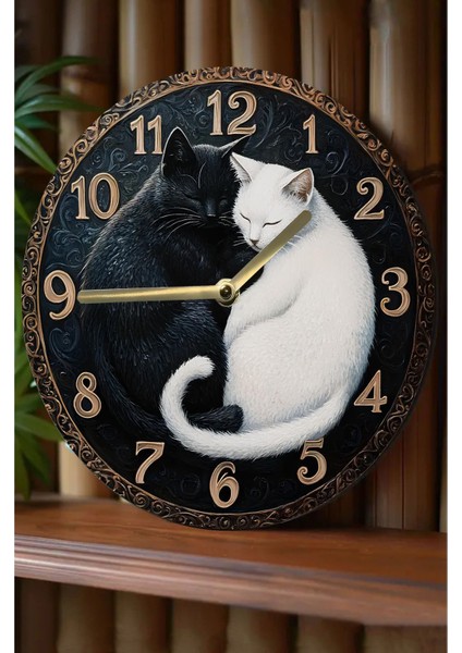 Sessiz yuvarlak ahşap duvar saati, kedi deseni, 33x33, beyaz, doğa temalı, kuvars hareketli