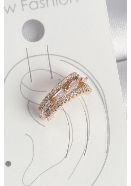 Pirinç Gold Renk Zirkon Taşlı 3'lü Sıralı Model Kadın Kıkırdak Küpe - TJ-BKP10580