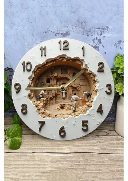 Beyaz Ahşap Yuvarlak Duvar Saati, Kuvars Hareket, Doğa Temalı, 33x33 cm modelleri